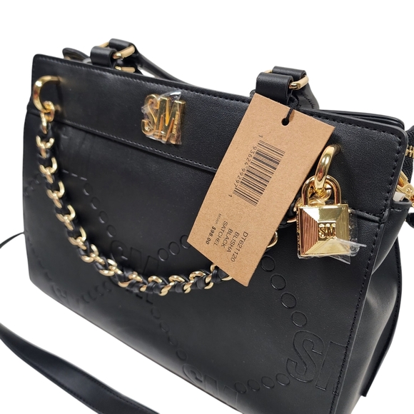 Steve Madden Blisha Black Satchel Handbag Purse Gold Hardware Nwt Leather Straps - Picture 7 of 8
